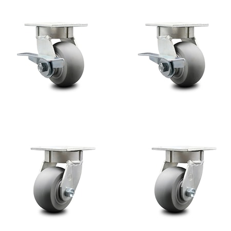 Service Caster 4 Inch Kingpinless Thermoplastic Rubber Wheel Caster Swivel Locks 2 Brakes, 4PK SCC-KP30S420-TPRRD-SLB-BSL-2-BSL-2